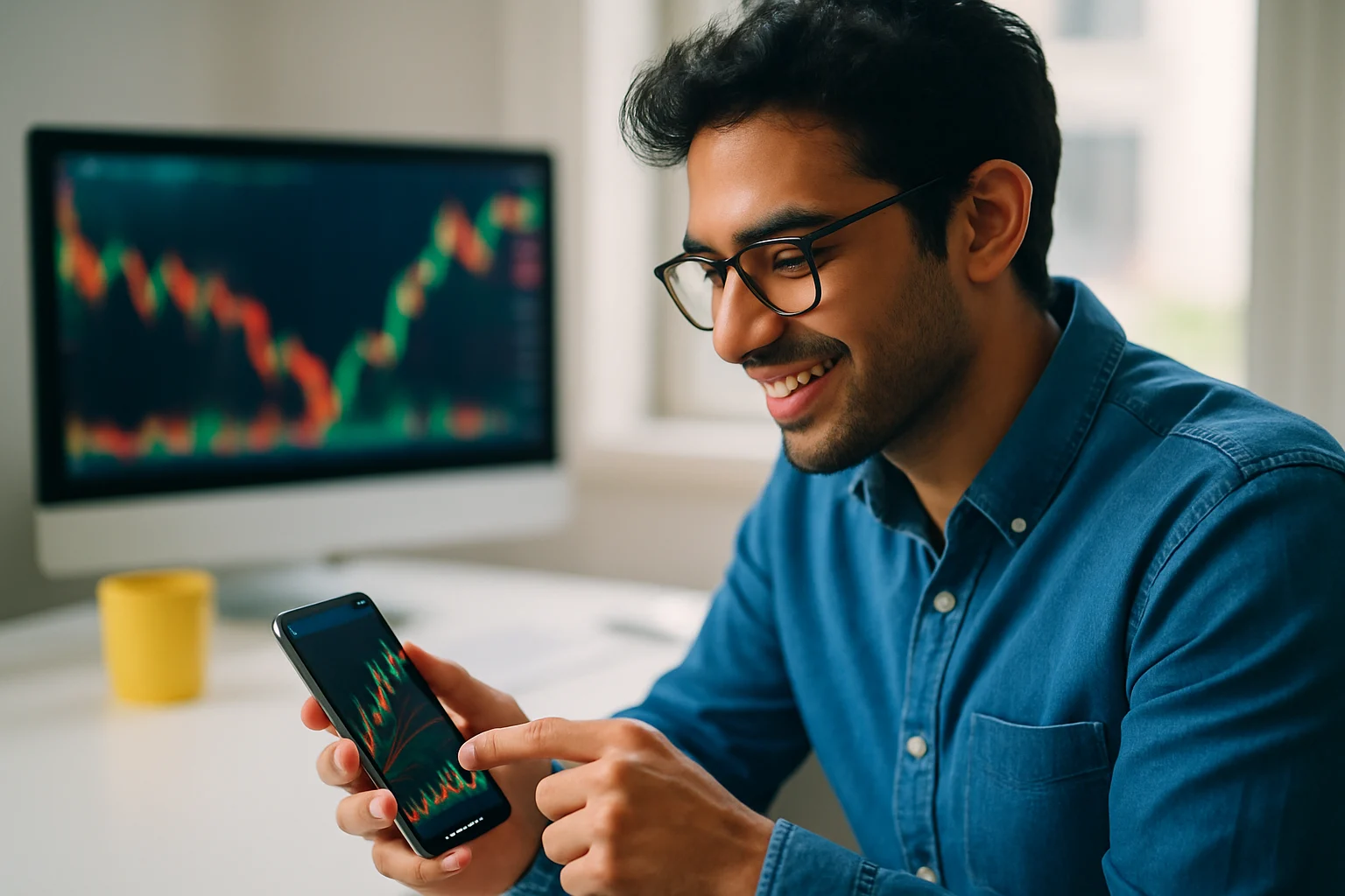 投資人使用手機 APP 查看 NVIDIA 股價走勢圖與下單介面