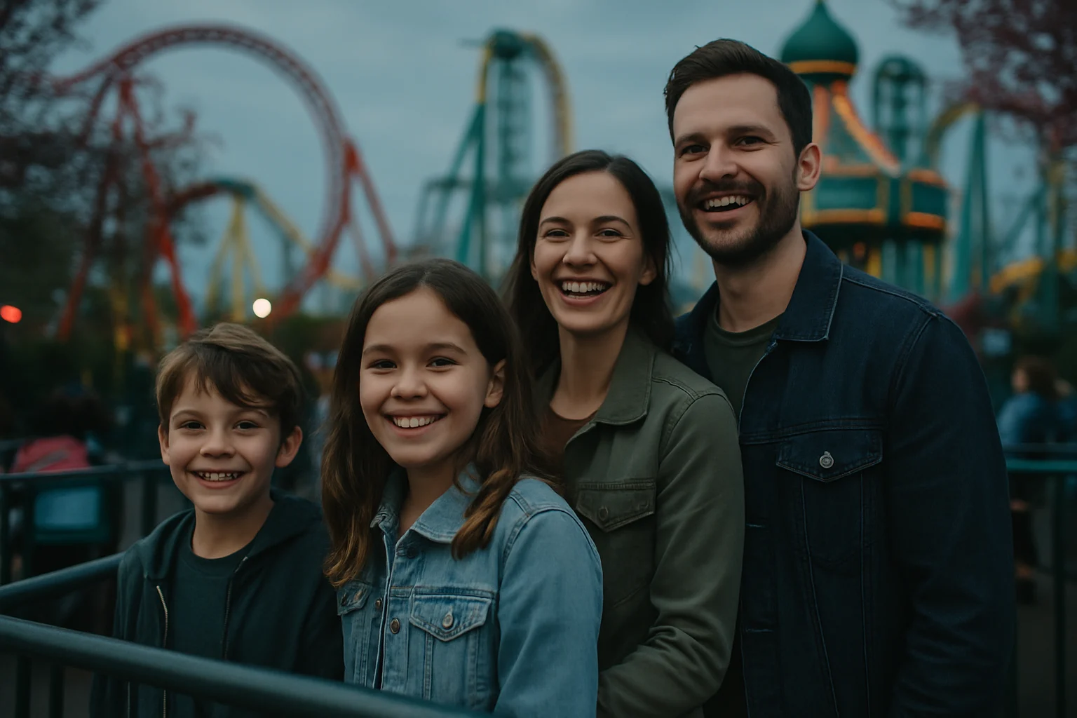 家庭在主题乐园排队游玩的温馨场景