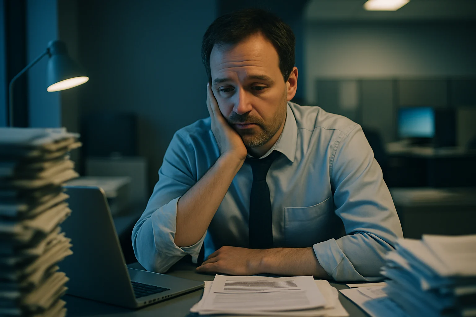 ストレスを感じながらも最低限の業務を続ける会社員の表情