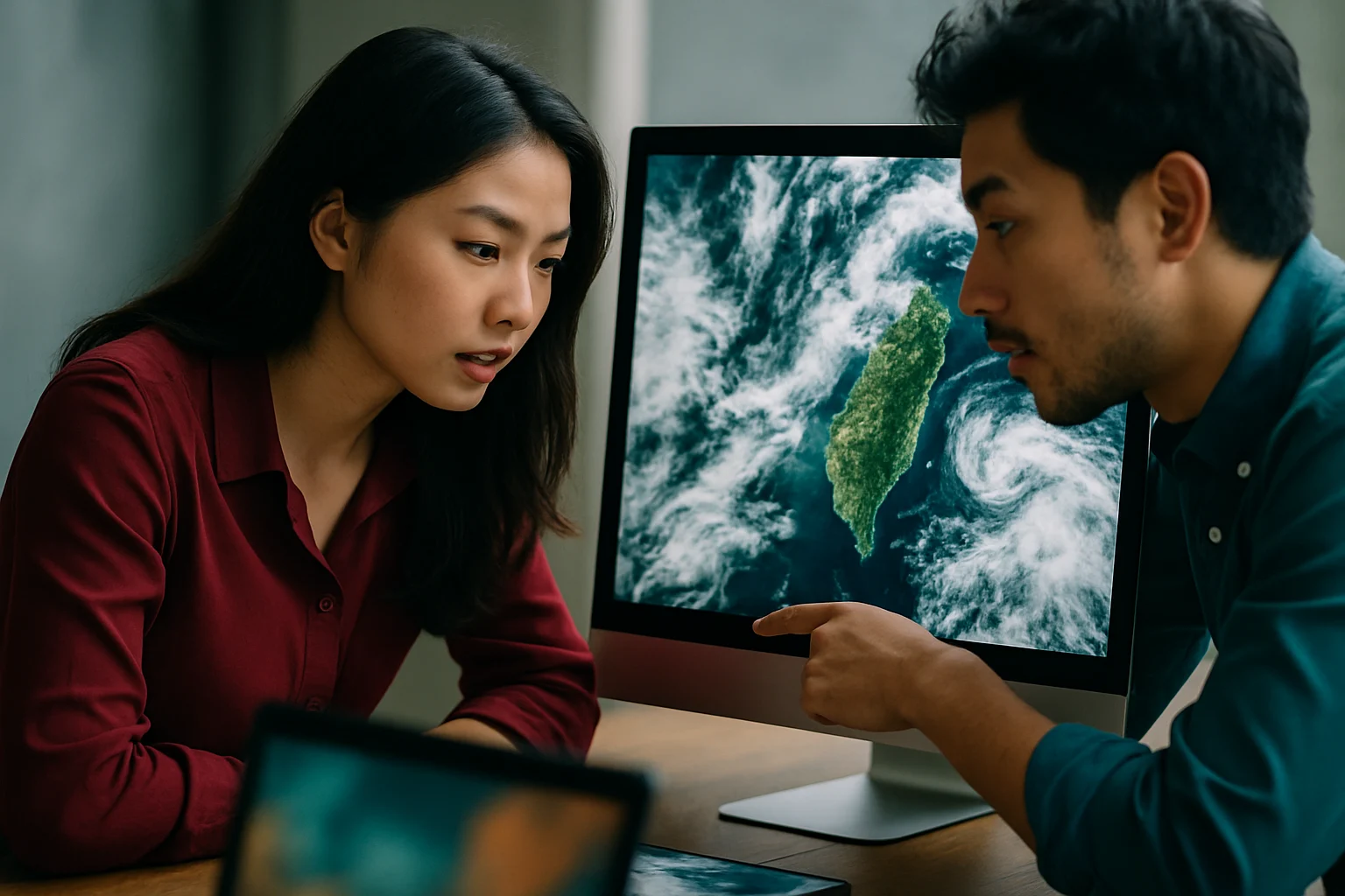 台灣梅雨季鋒面衛星雲圖,顯示大片雲系覆蓋台灣海峽與本島