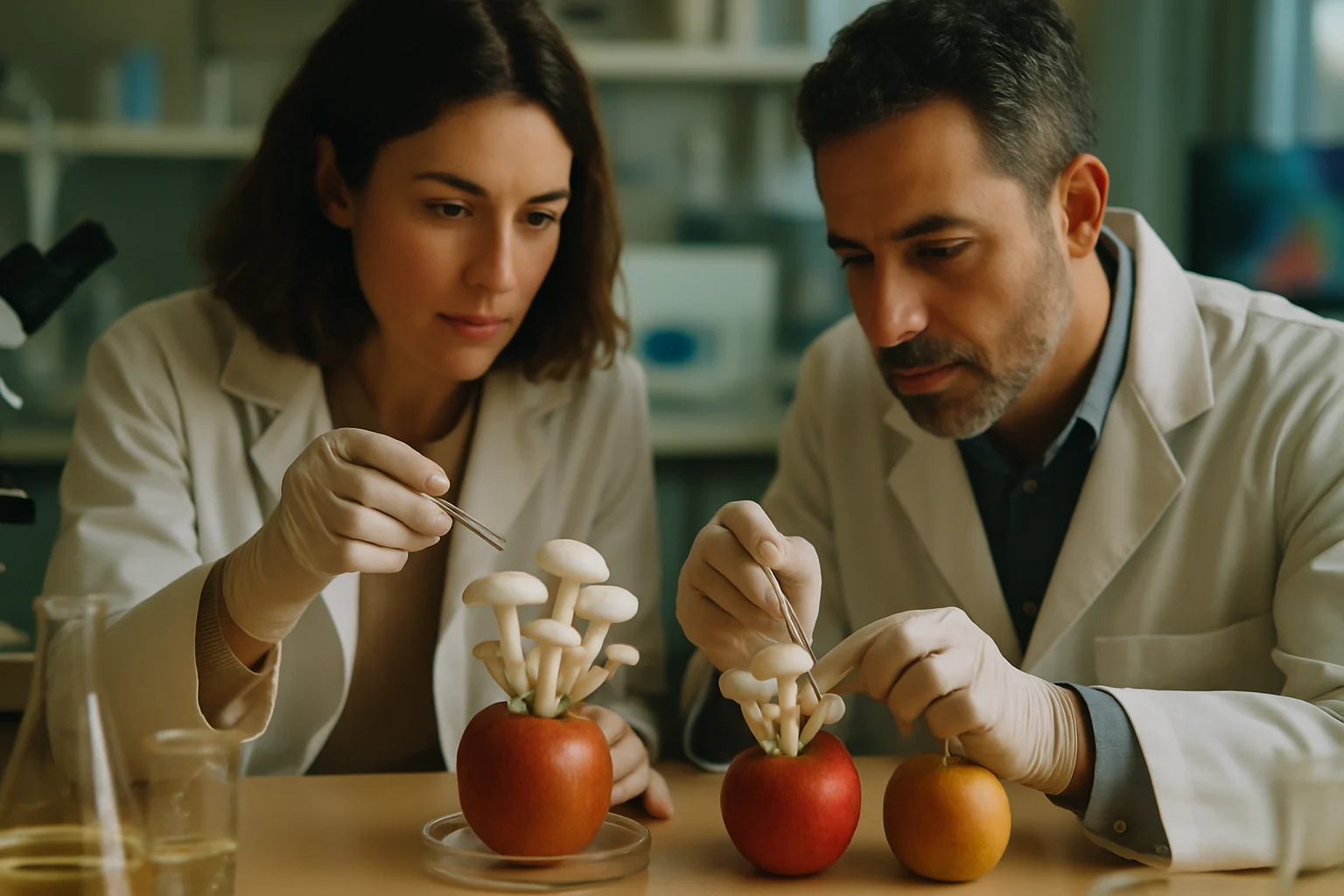 科研人员在实验室培育白参菌的过程