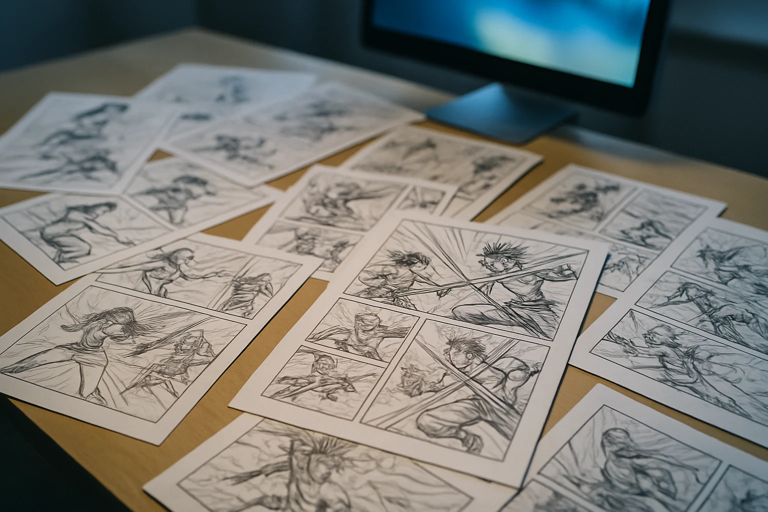 冨樫義博創作的獵人漫畫分鏡稿展示複雜的戰鬥設計