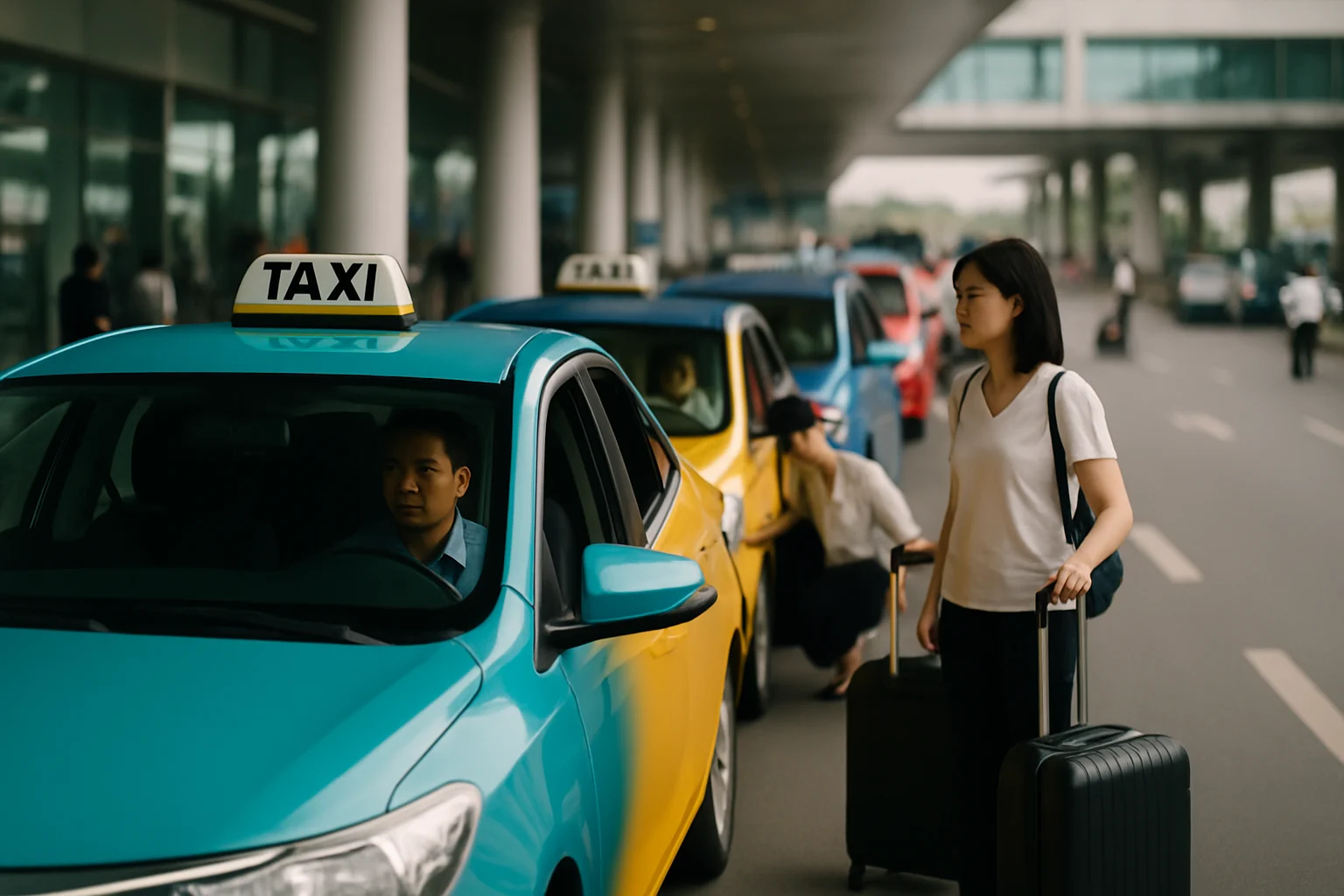 Hàng xe taxi đang đậu chờ khách tại sân bay Nội Bài Hà Nội trong buổi sáng sớm