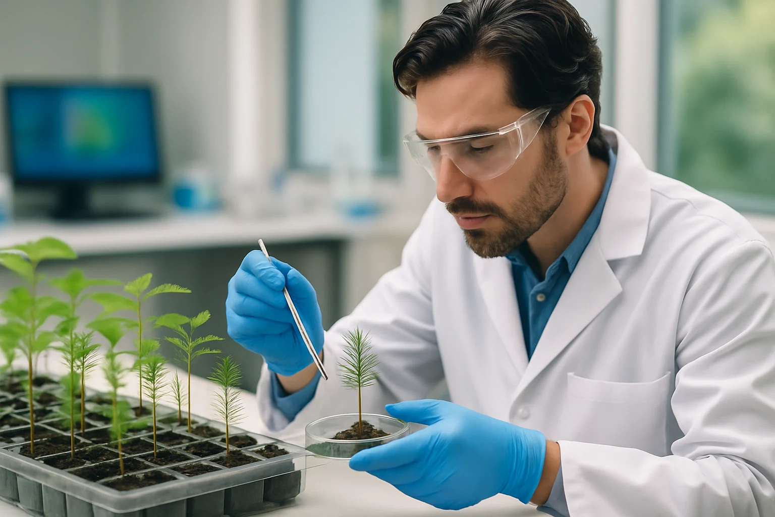 科研人员在实验室培育无絮杨柳树幼苗