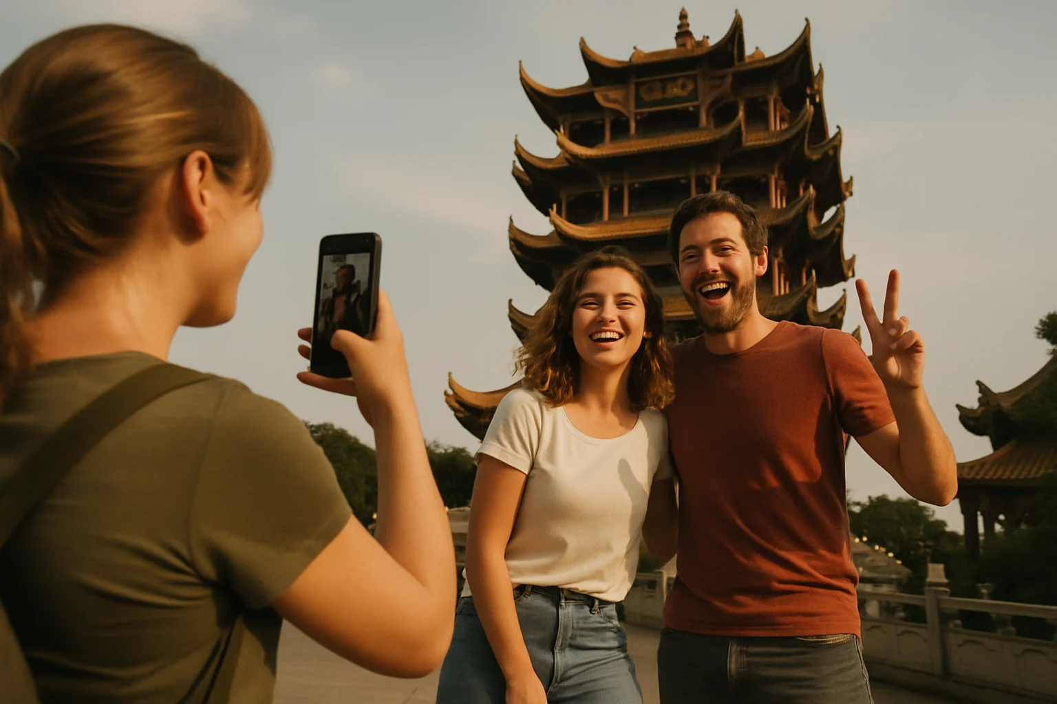 外国游客在武汉黄鹤楼前拍照留念的场景