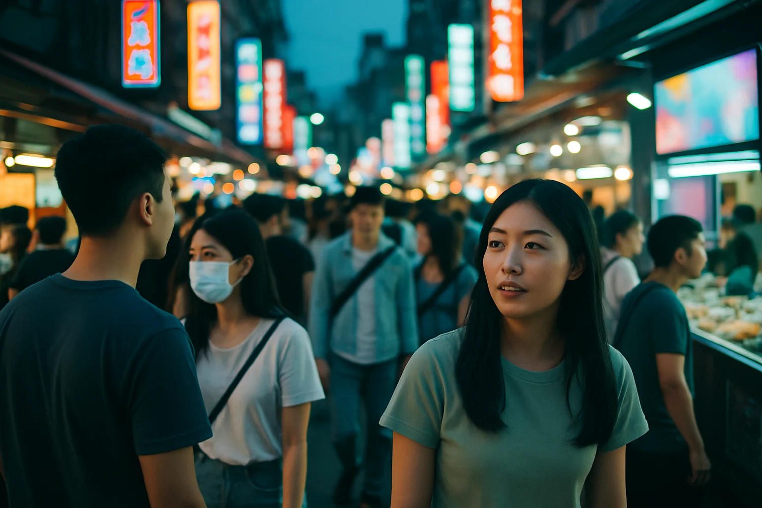 台中市一中商圈夜晚街景,霓虹燈招牌與人潮