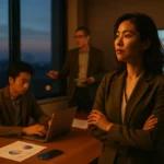 Chuyên gia khí tượng đang phân tích bản đồ thời tiết với nhiều màn hình hiển thị dữ liệu dự báo