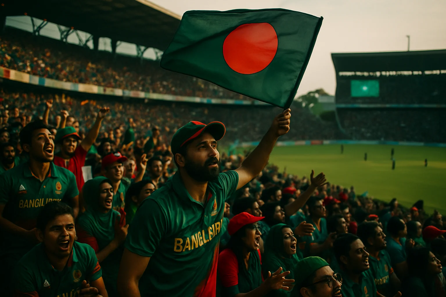 Dhaka cricket stadium filled with enthusiastic Bangladesh cricket fans waving flags and banners during an international match