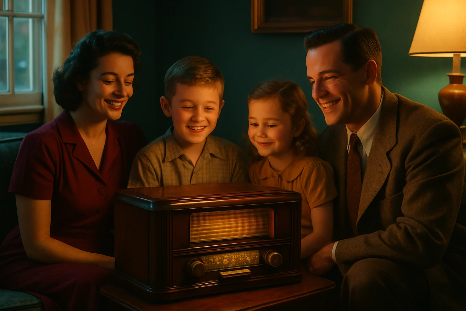 1950年代家庭围坐收音机前的温馨场景