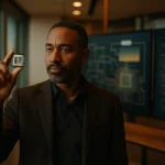 潘健成在群聯總部展示AI記憶體控制晶片產品