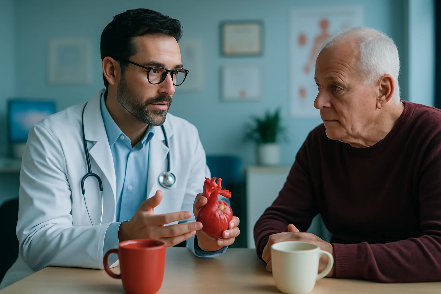 心脏病患者在医生指导下选择合适饮品的咨询场景