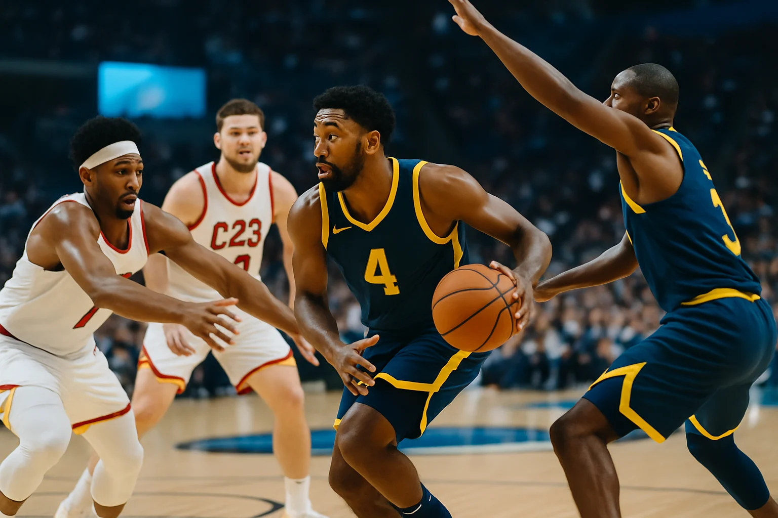 NBA籃球場上球員激烈對抗進攻防守場景