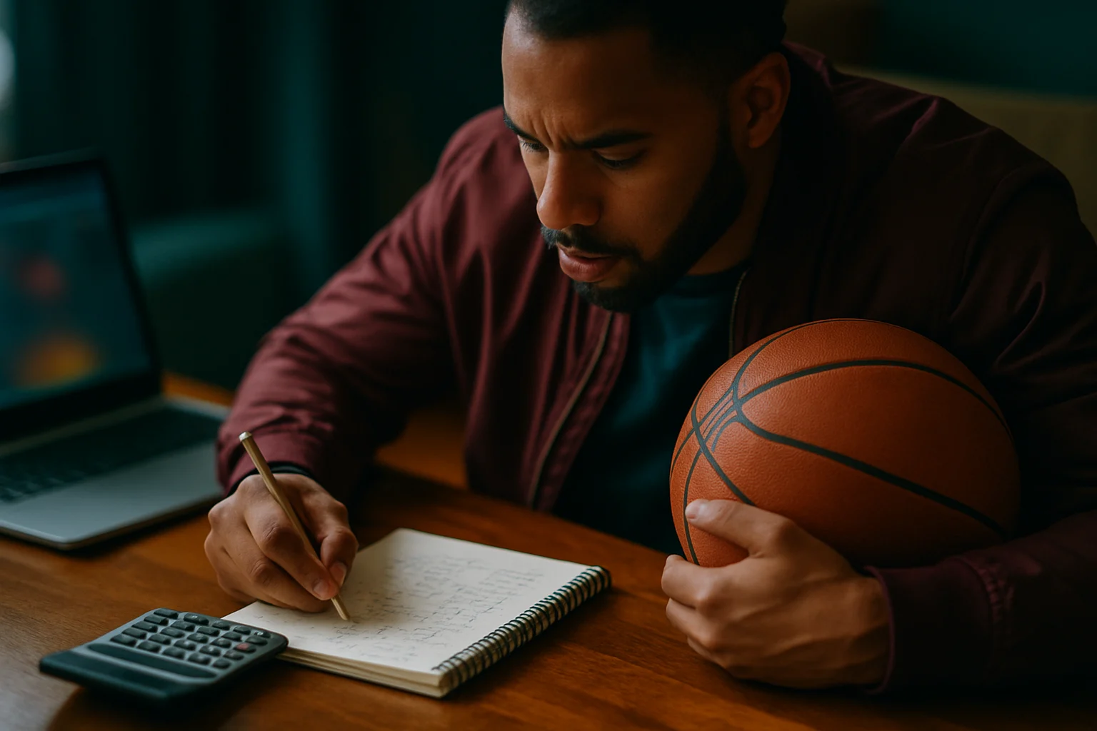 運彩籃球玩家在筆記本上計算NBA投注盤口賠率與期望值,桌上放著手機顯示即時比分