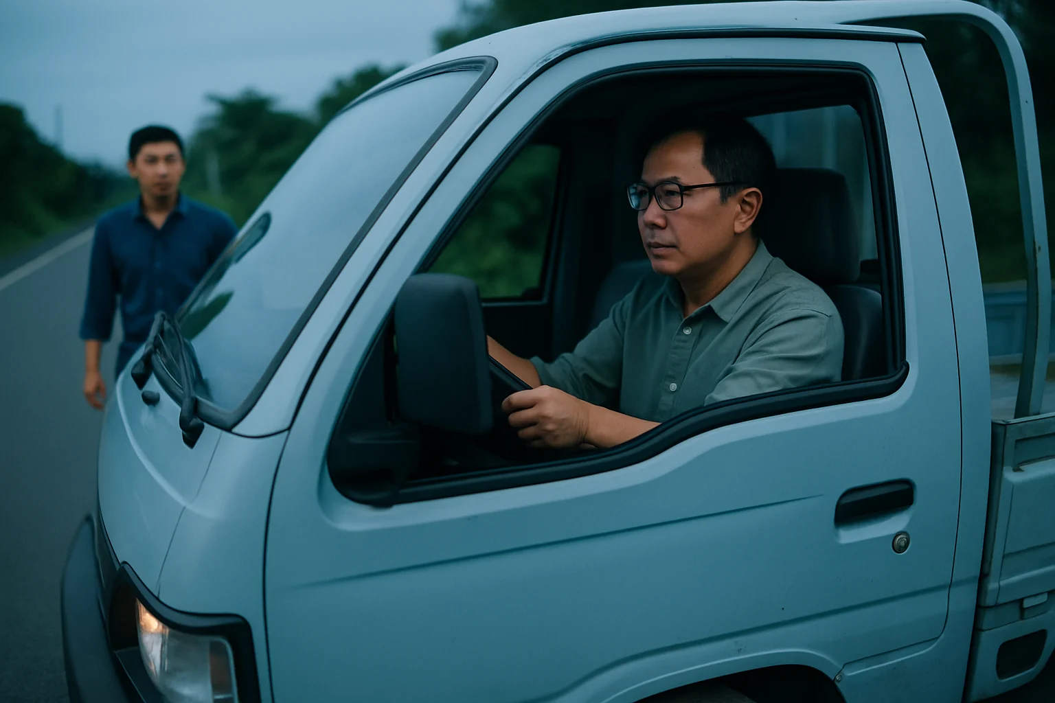 Khách hàng đang thử nghiệm xe tải cũ trên đường thử với sự hướng dẫn của nhân viên bán hàng