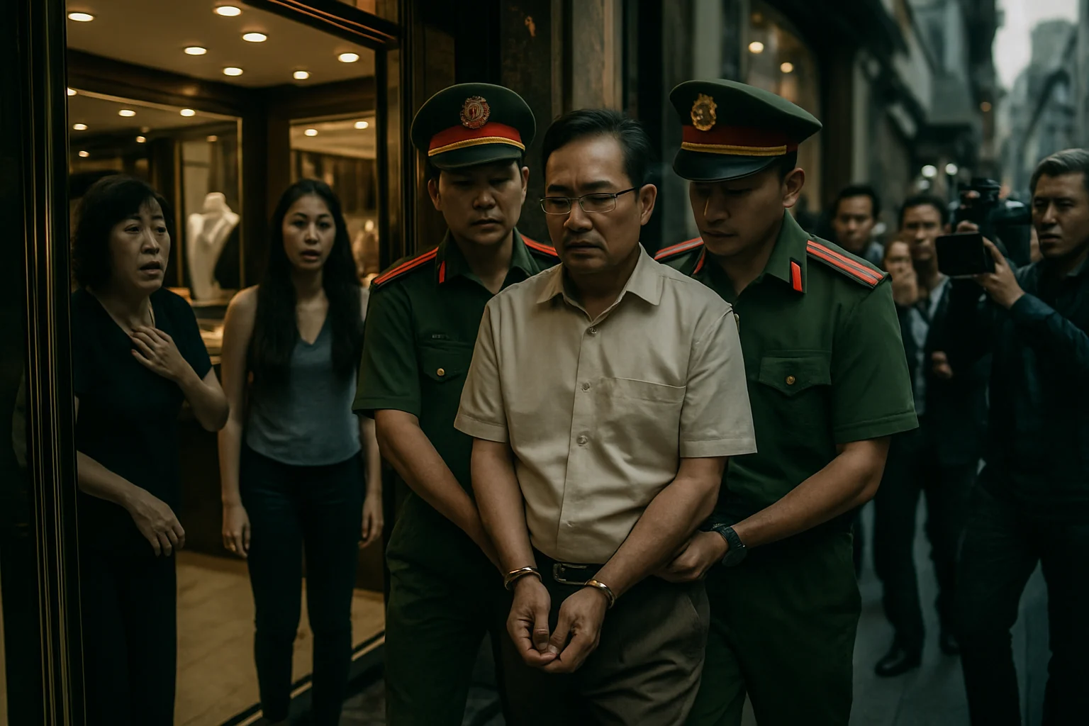 Cửa hàng Bảo Tín Minh Châu với biển hiệu lớn và khách hàng đang quan sát từ bên ngoài vào sáng 7/4/2026