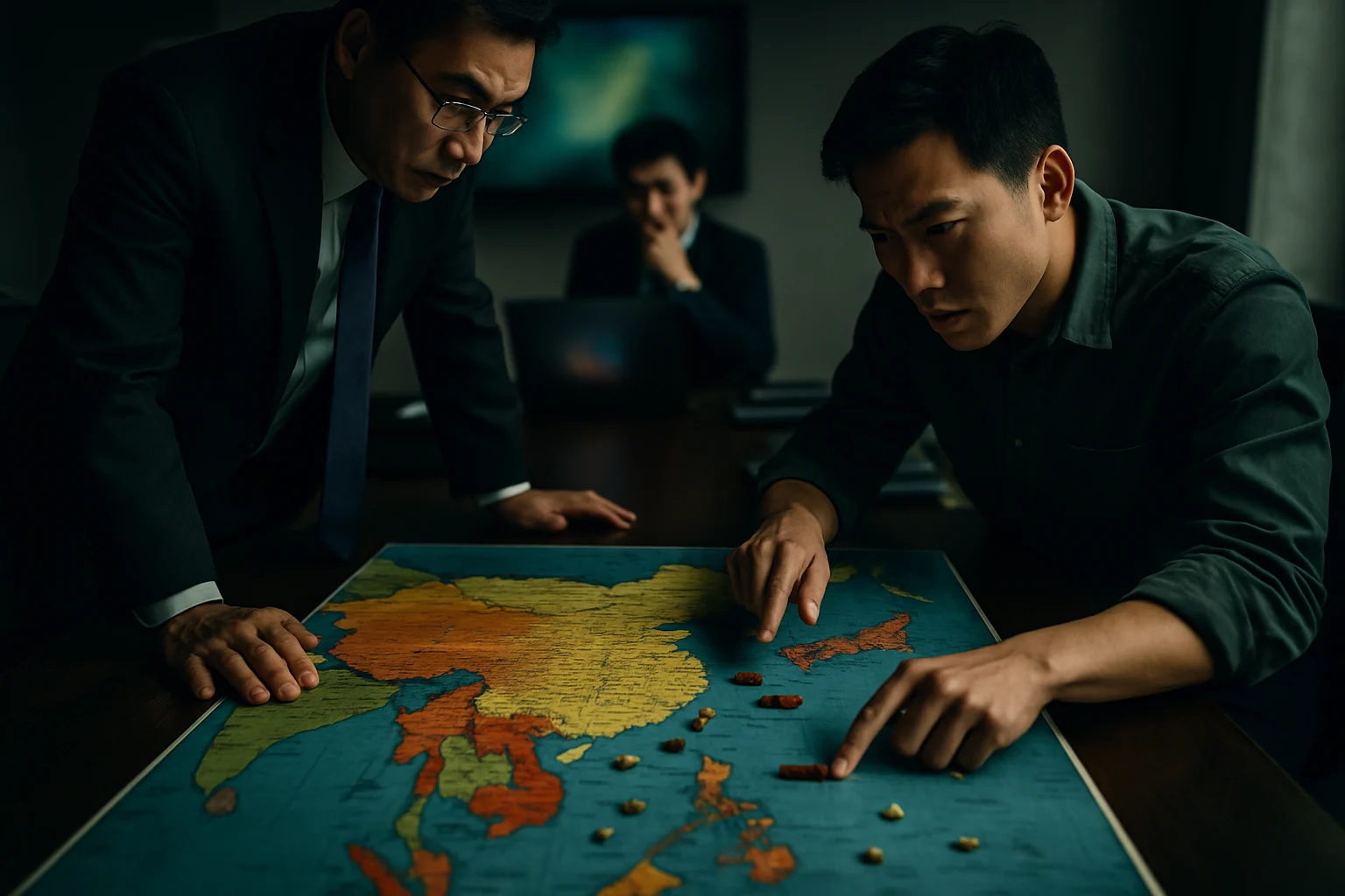 东亚地图标注日本、朝鲜半岛、台湾海峡及西南岛链位置,呈现地缘战略格局