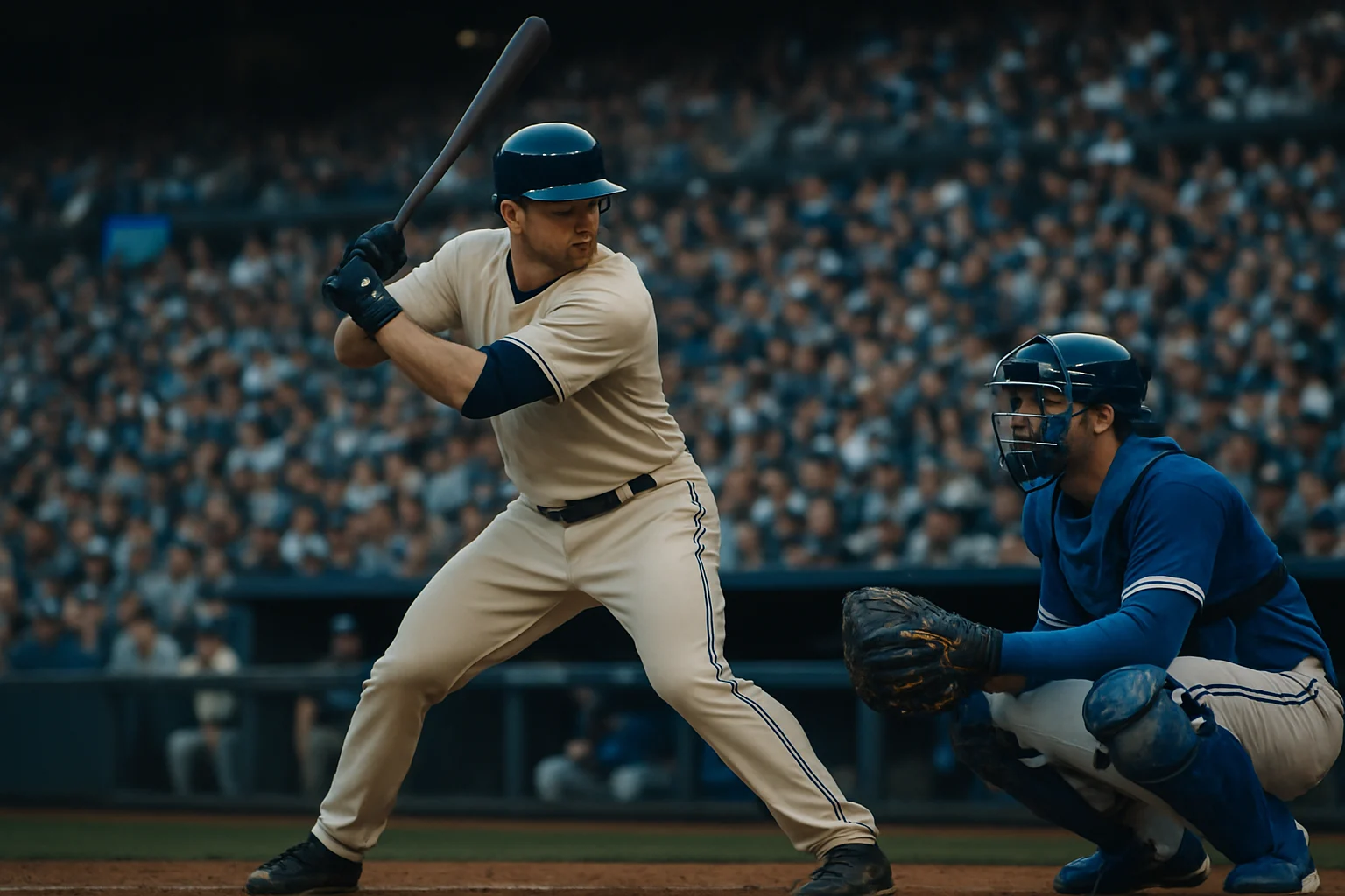 大谷翔平在打擊區準備揮棒，背景是緊張的藍鳥捕手