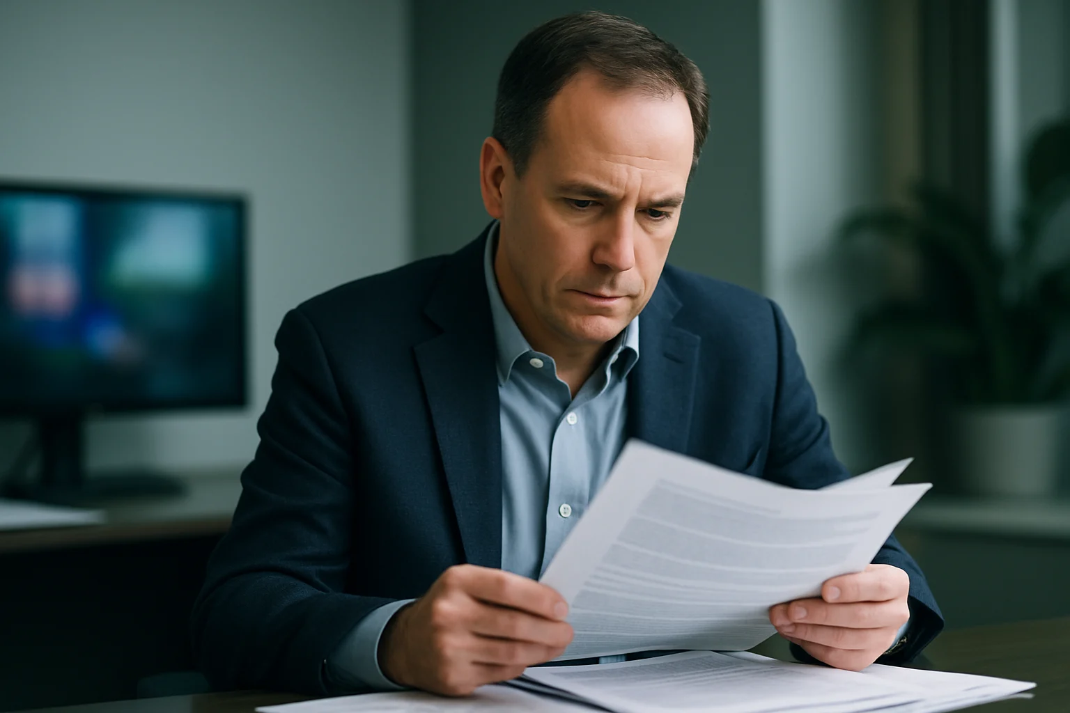 Wood TV 8 investigative reporter reviewing documents at desk with multiple computer monitors showing research materials