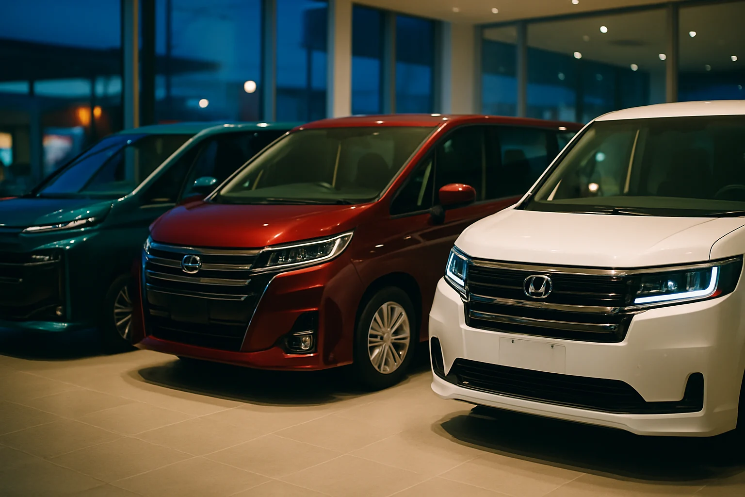 ヴォクシー、セレナ、ステップワゴンの3台が並んだ比較写真、それぞれの特徴的なデザインが分かる角度