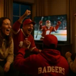 Wisconsin Badgers hockey players celebrating goal during 2026 Frozen Four semifinal game at T-Mobile Arena Las Vegas