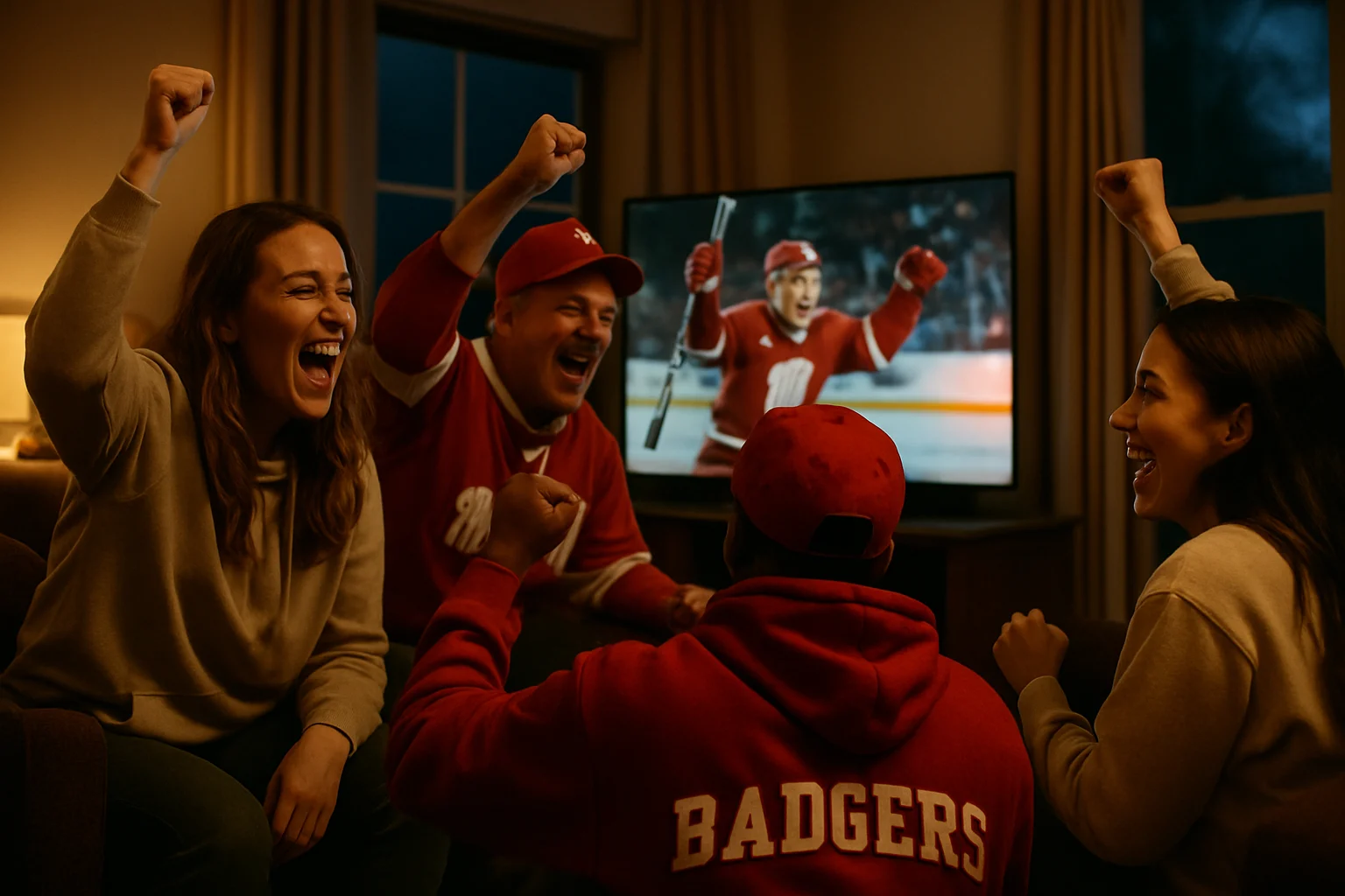 Wisconsin Badgers hockey players celebrating goal during 2026 Frozen Four semifinal game at T-Mobile Arena Las Vegas
