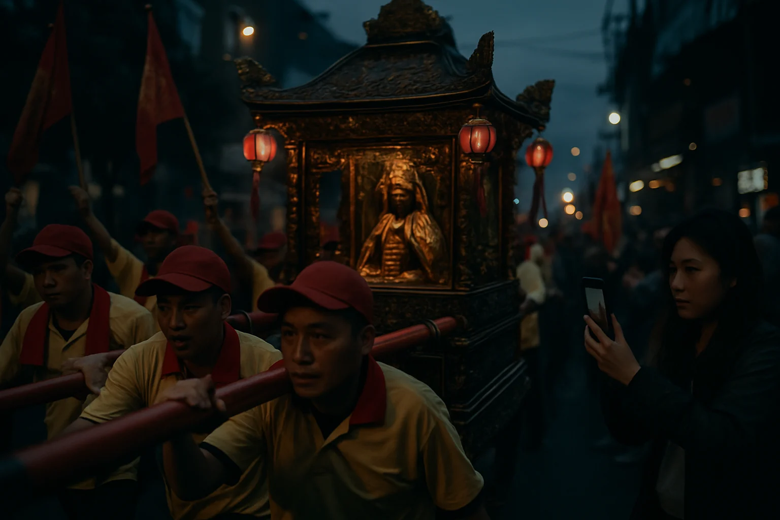 白沙屯拱天宮粉紅色媽祖神轎在進香隊伍中前行,大批香燈腳緊隨其後穿越台灣西部農村道路