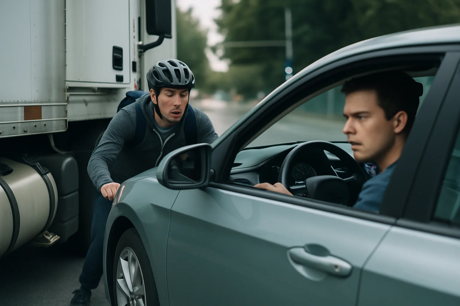 大型貨車路口右轉，機車停在右前方盲區位置