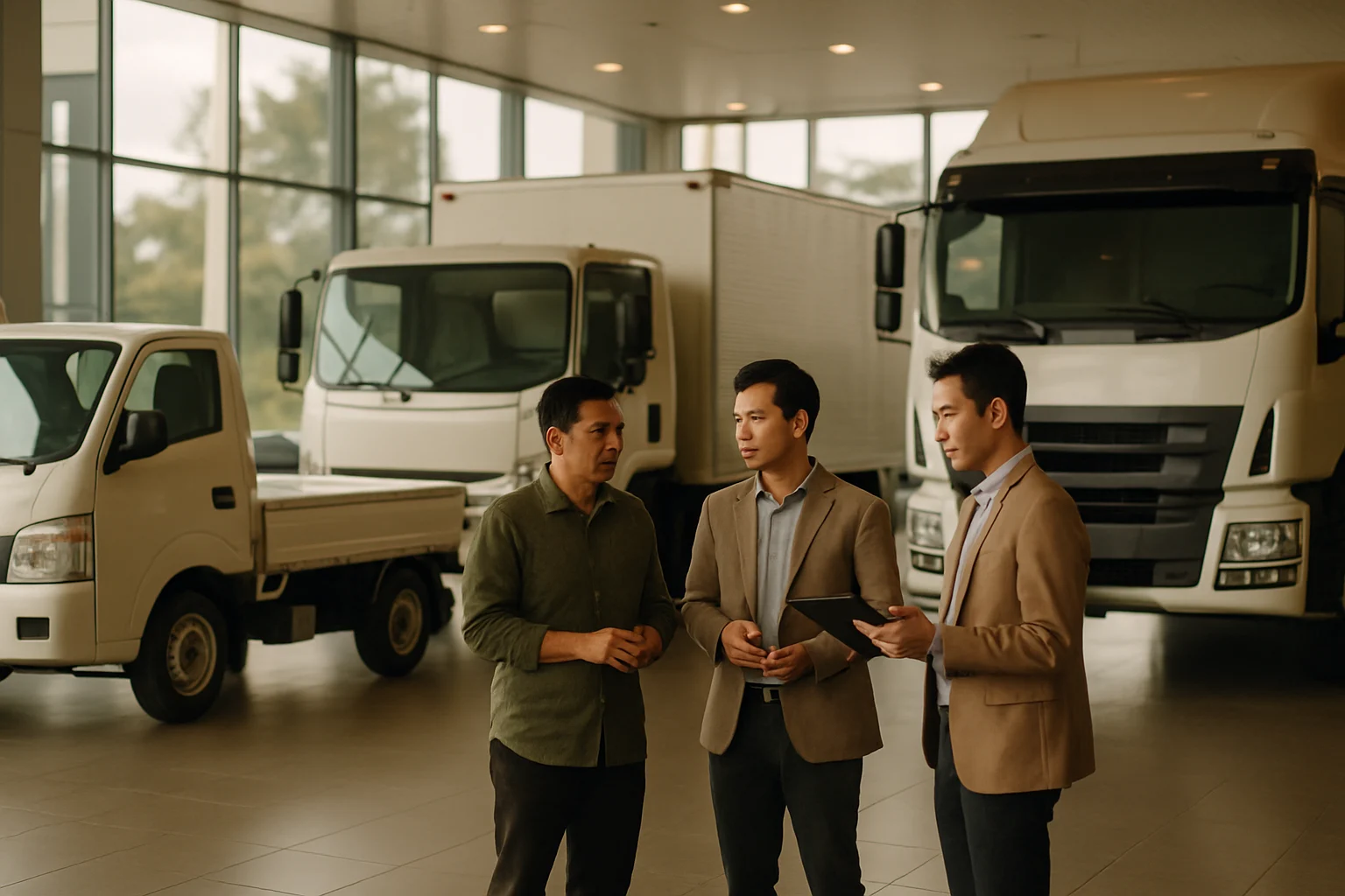 Showroom xe tải với nhiều mẫu xe tải từ nhỏ đến lớn được trưng bày