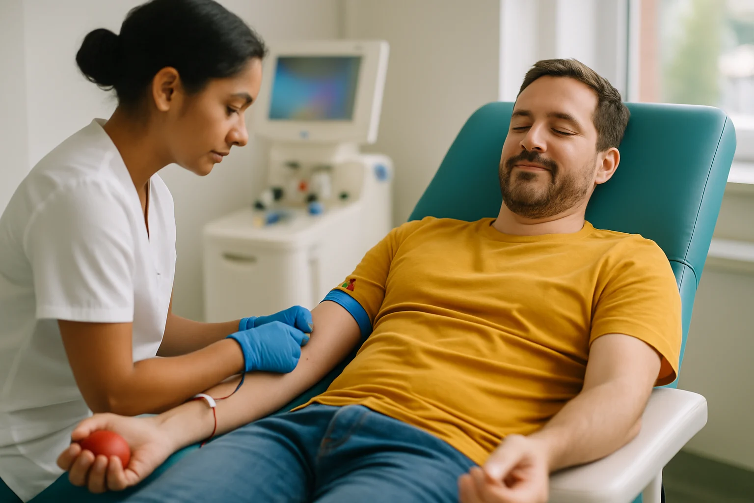 医院血细胞分离机旁捐献者接受造血干细胞采集,护士在旁监护的场景