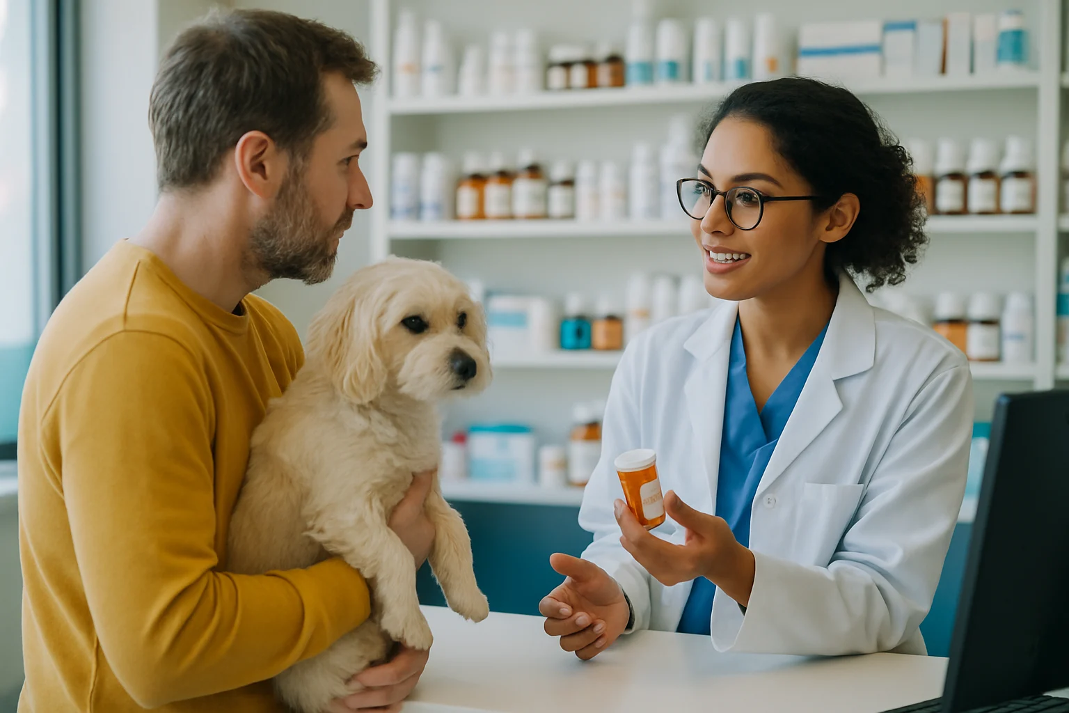 寵物主人在藥局諮詢寵物用藥的場景