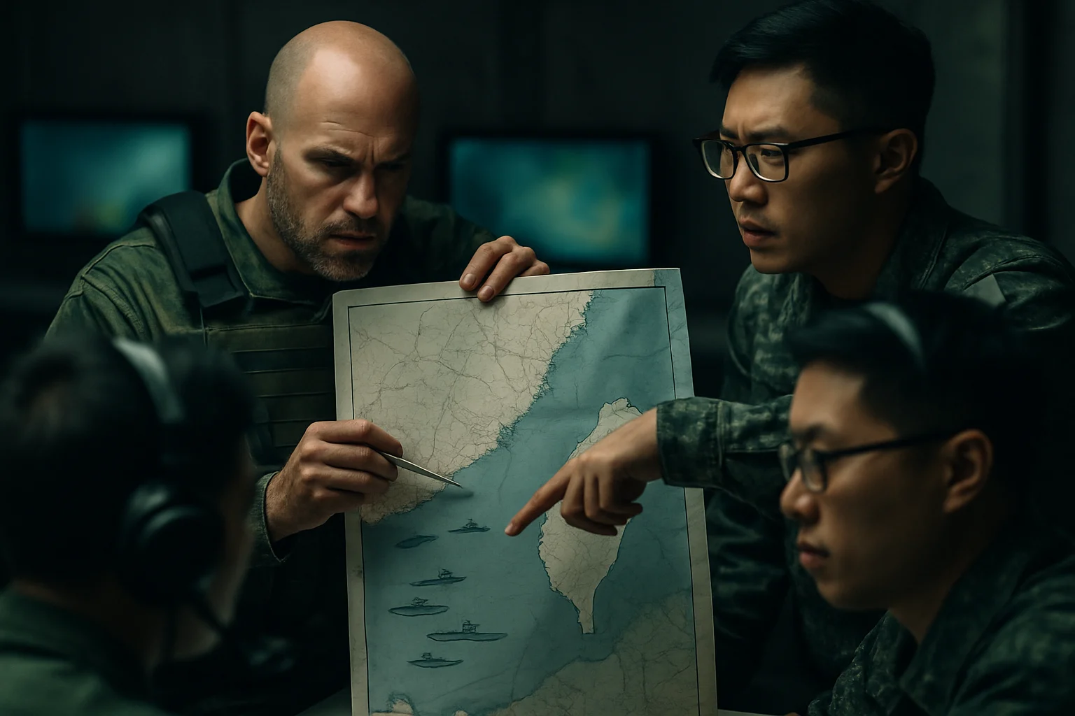 台湾海峡军事态势示意图,标注解放军与日本舰艇相对位置