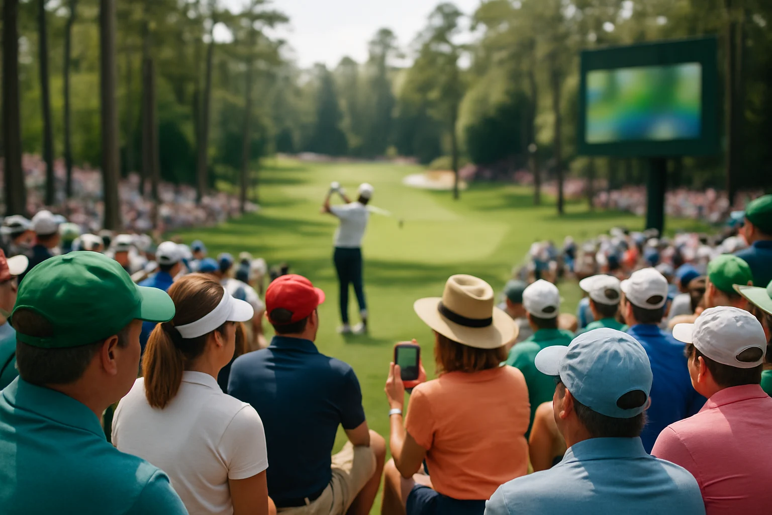 Spectators watching golf action at Augusta National with iconic pine trees and azaleas framing the scene