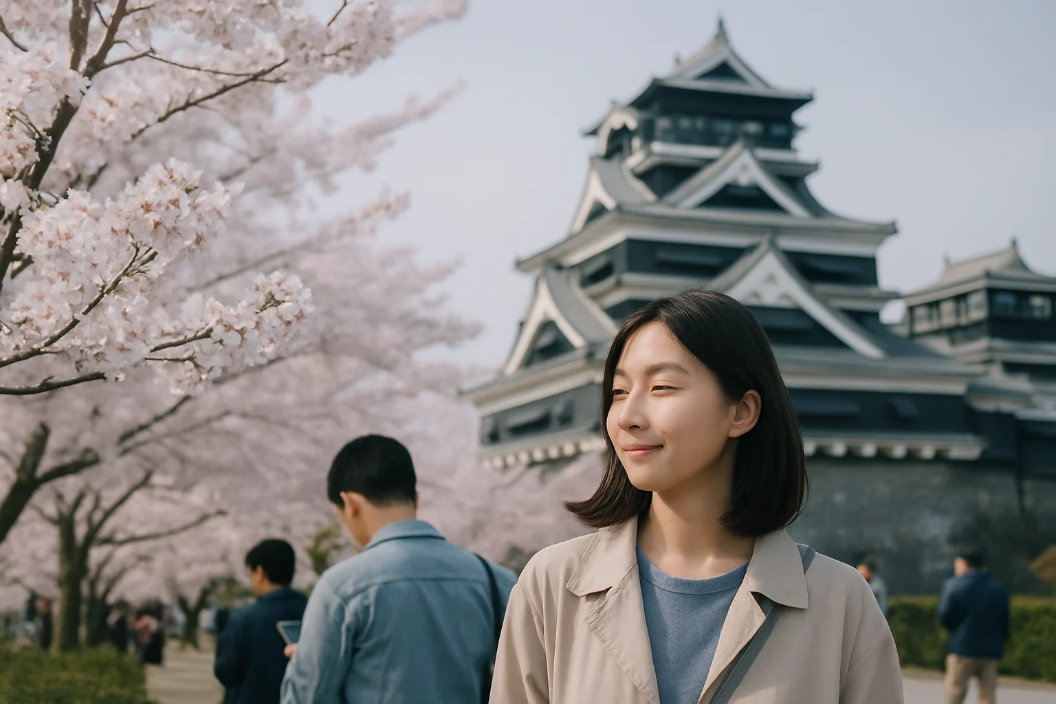 復興した熊本城天守閣と桜が咲き誇る春の風景