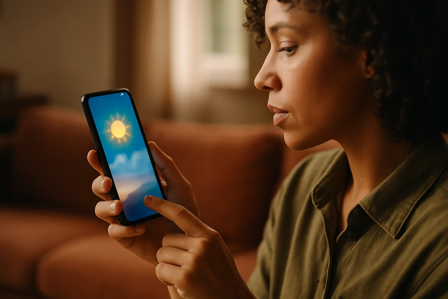 手機螢幕顯示天氣預報APP介面,背景是台北陰天街景