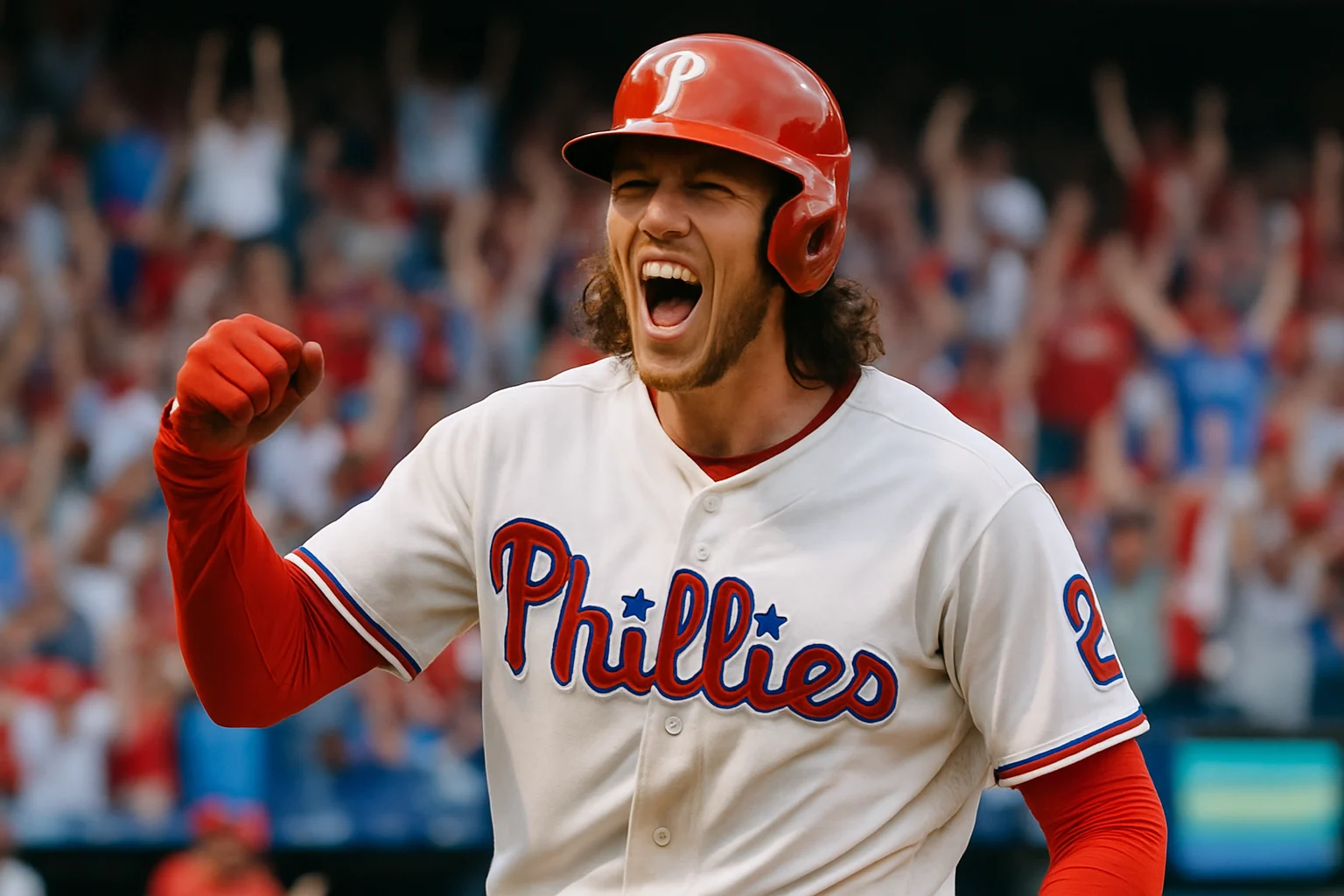 Alec Bohm celebrating after hitting RBI double against Arizona Diamondbacks at Chase Field