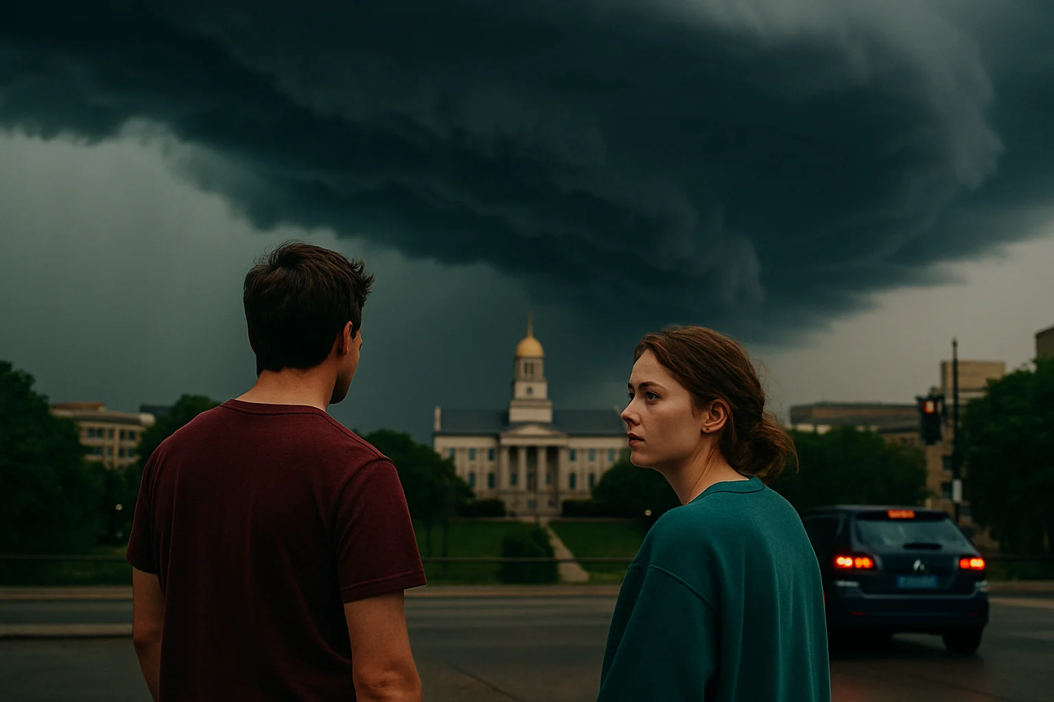 Severe thunderstorm approaching Iowa City from the southwest, storm radar imagery showing squall line movement