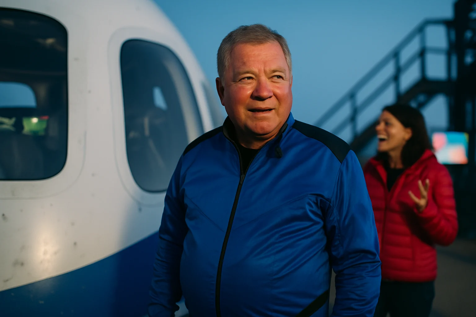 William Shatner in a blue flight suit standing next to the Blue Origin spacecraft, looking excited and determined