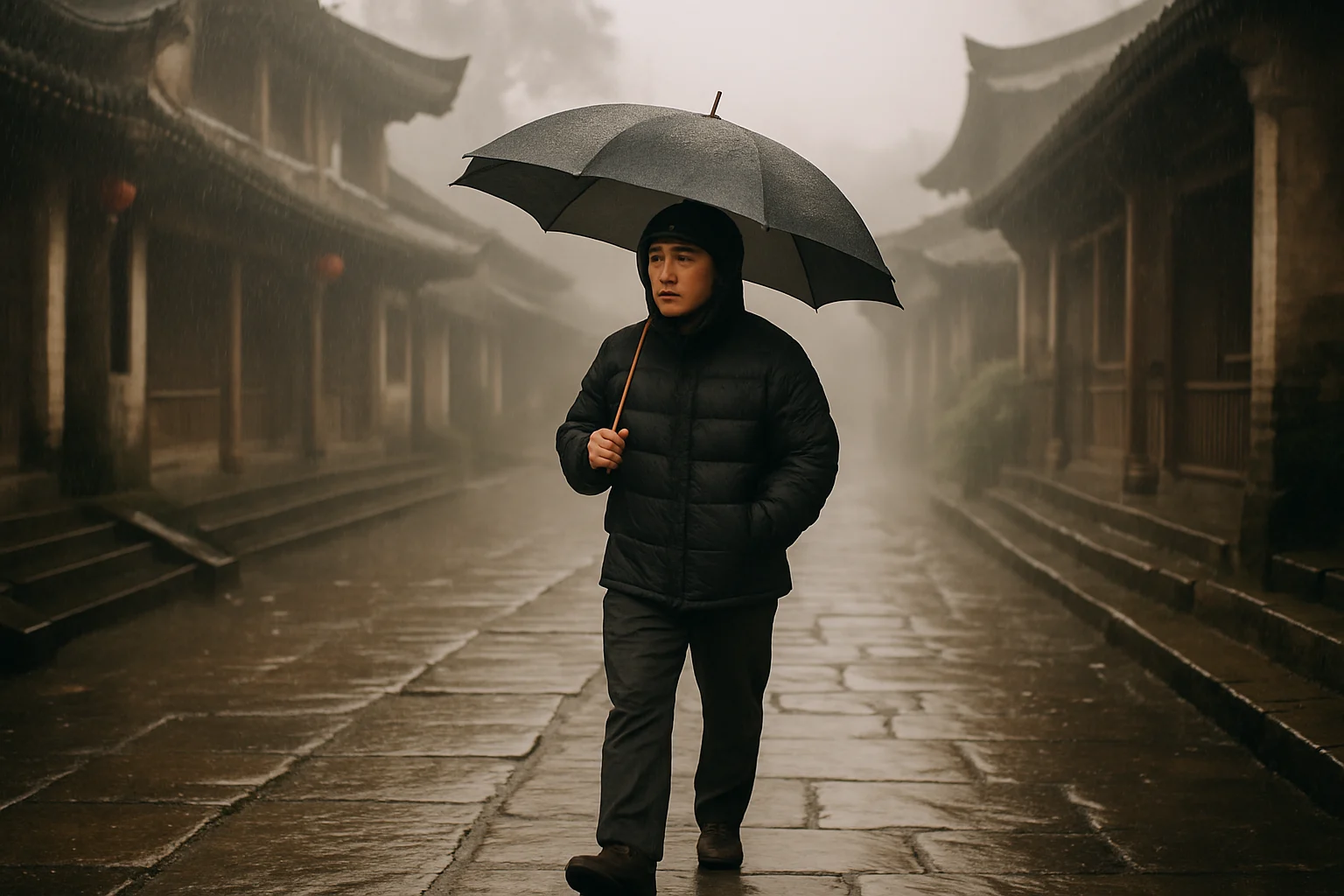 北方人在江南梅雨季节撑伞行走在湿滑石板路上的场景