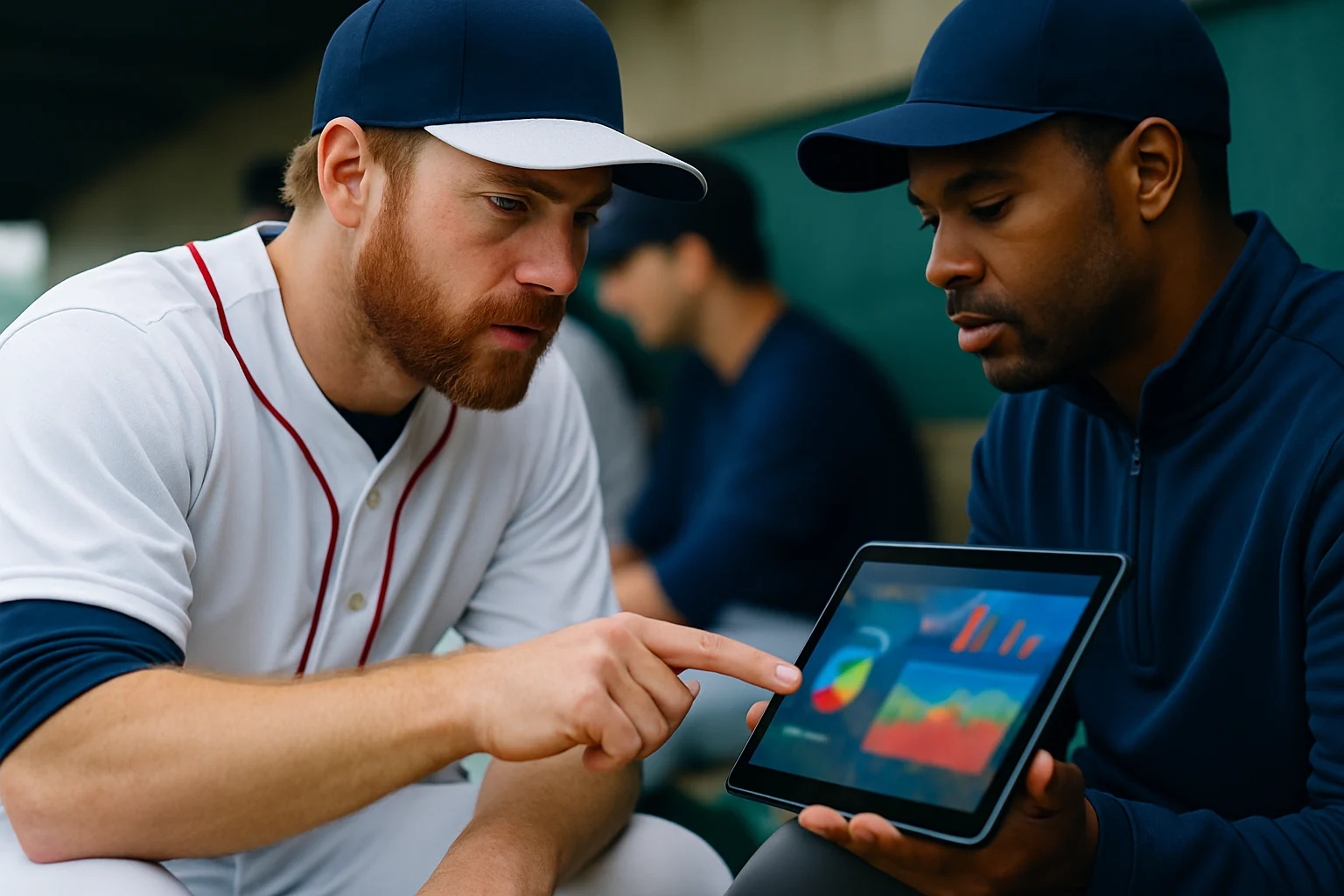 小聯盟球員在休息區查看數據平板的畫面