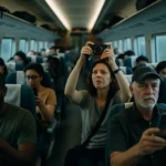 高铁车厢内外国游客与中国乘客友好交流的场景