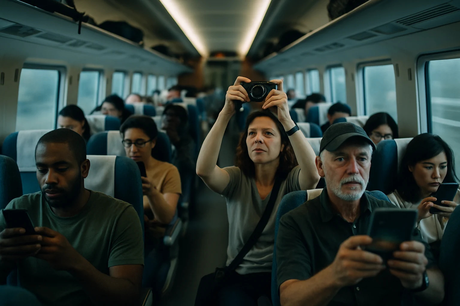 高铁车厢内外国游客与中国乘客友好交流的场景