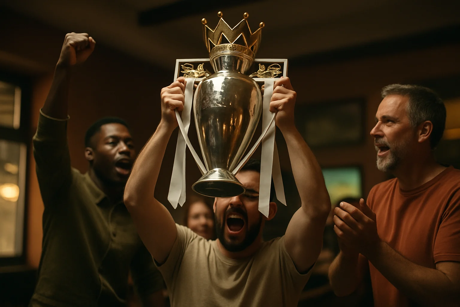 Fans holding Premier League trophy replica celebrating at Anfield stadium