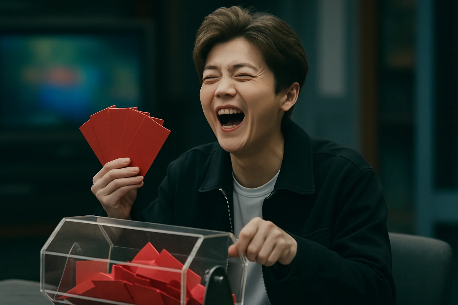 鹿晗在综艺节目中参与红包抽签任务的搞笑画面截图