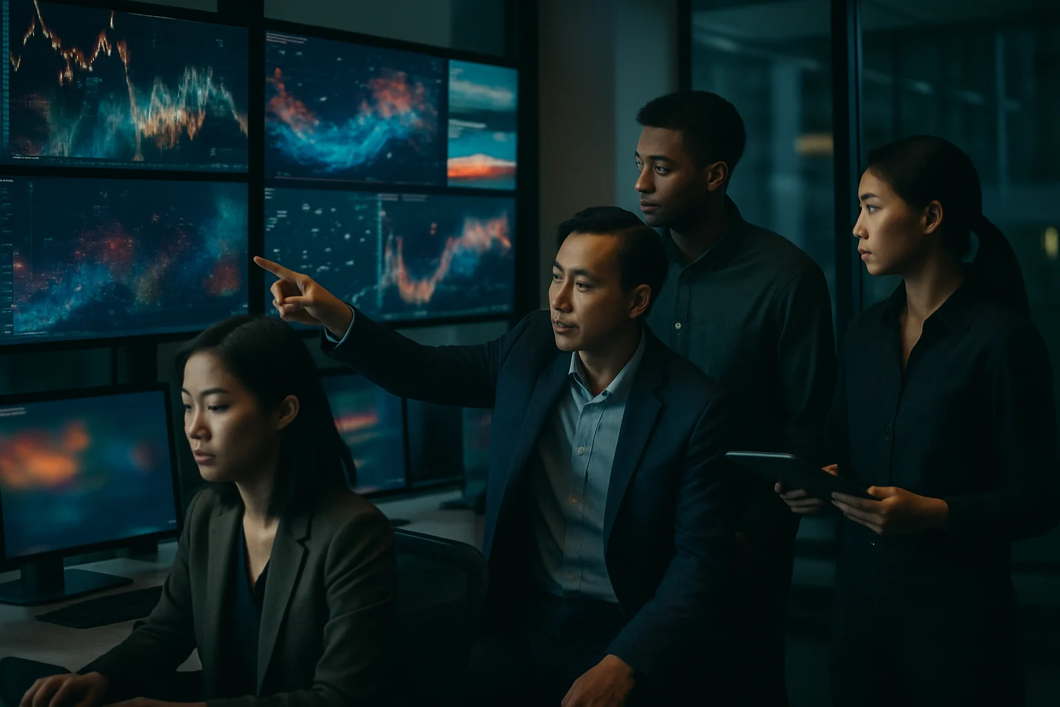 Văn phòng hiện đại với nhiều màn hình hiển thị biểu đồ kinh doanh và nhân viên đang làm việc với laptop