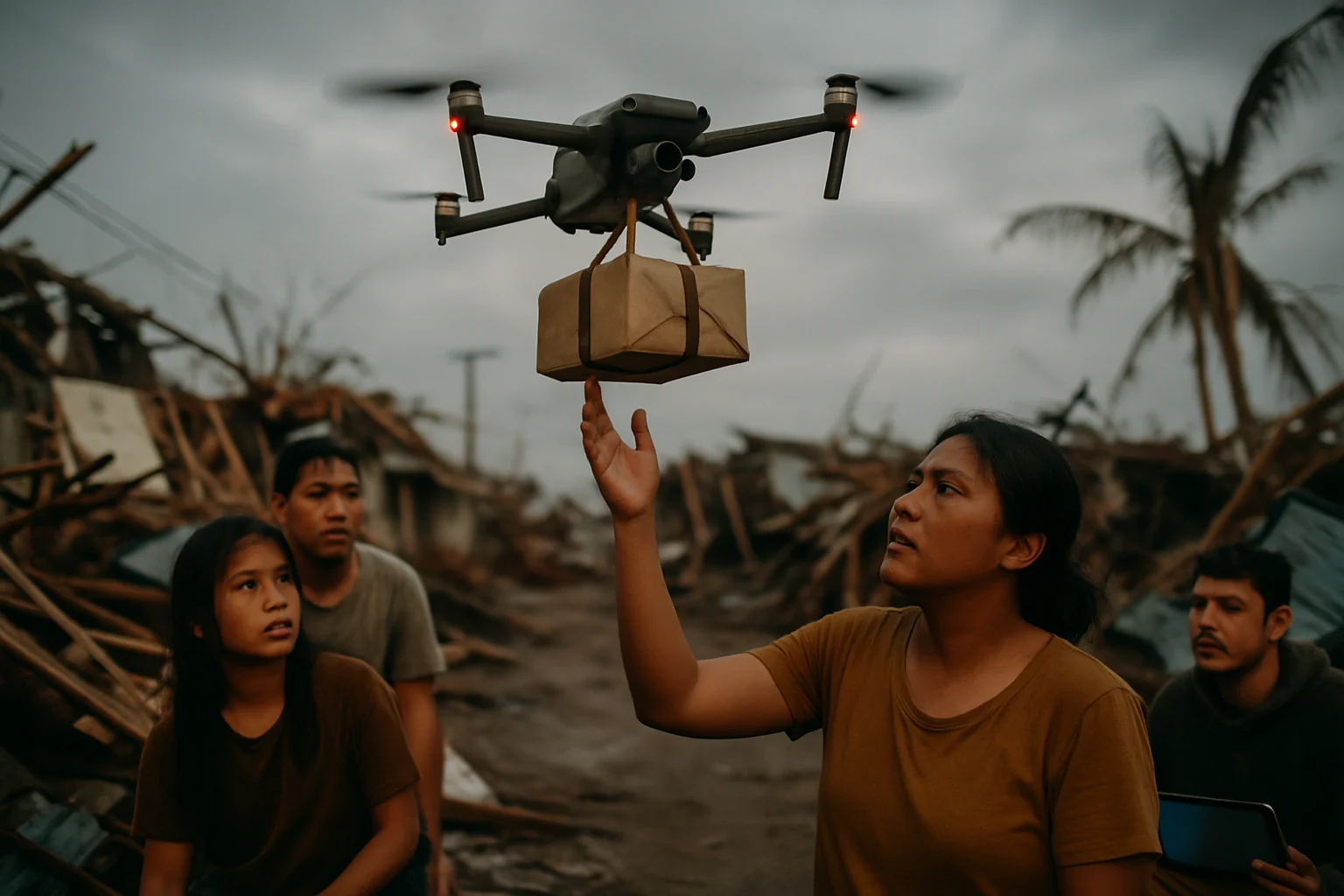 救援無人機在颱風災區投送緊急物資給受困民眾