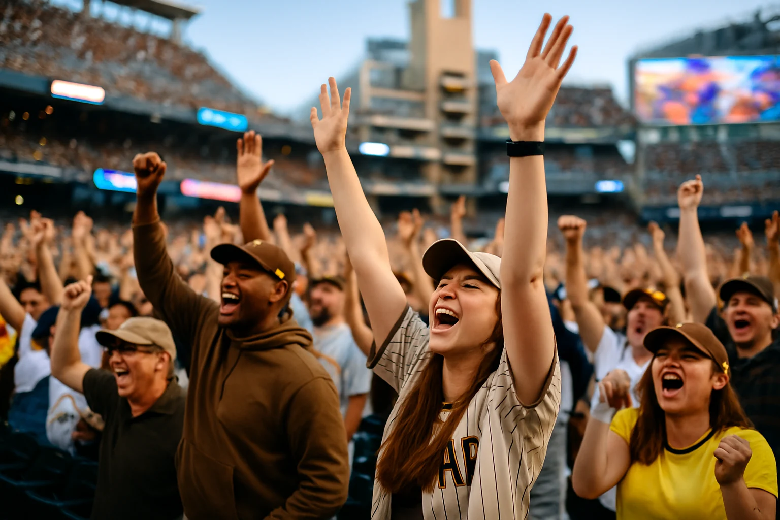 Packed Petco Park crowd celebrating with hands raised during Padres walk-off grand slam celebration