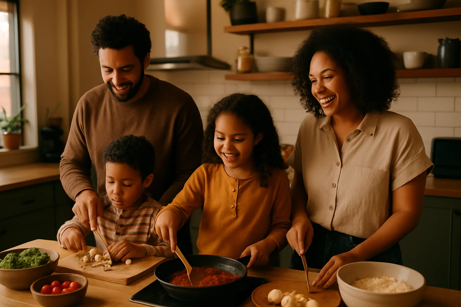 一家人在家中愉快地一起做飯和用餐