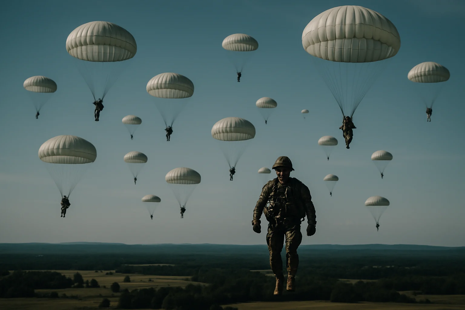 82空降師士兵進行空降訓練，降落傘在空中展開的壯觀場面