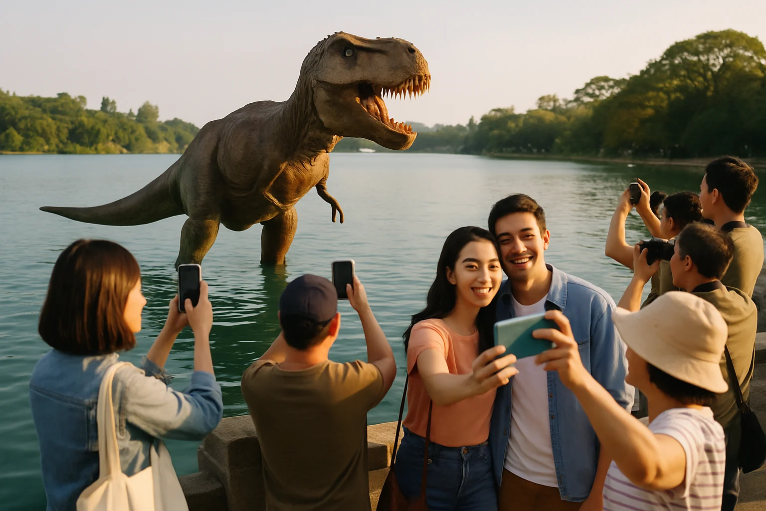 澄清湖9公尺高巨型恐龍裝置浮出水面，遊客在湖邊拍照打卡