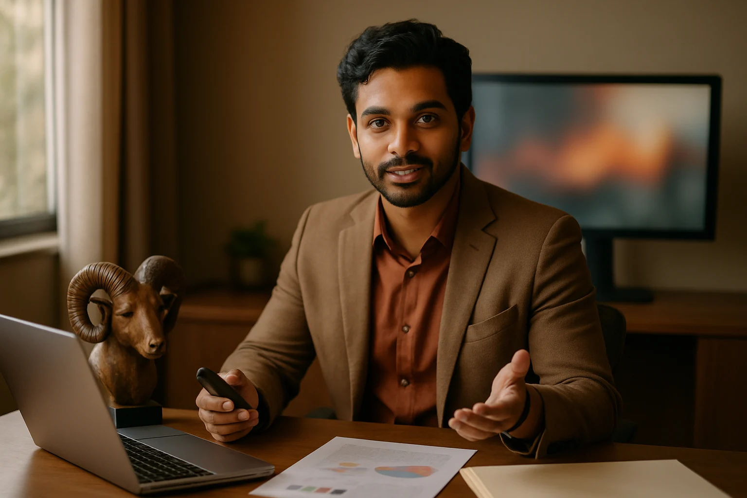 मेष राशि के व्यक्ति का successful business presentation देते हुए office environment में